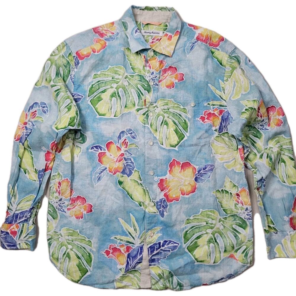 Tommy Bahama Men's Shirt Blue Red Green Floral 100% Linen Casual Size Medium